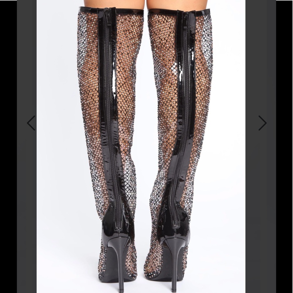 Fishnet Rhinestone Knee Boots - Picture 5 of 9